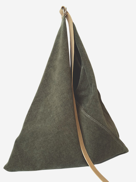 big triangle tote bag green velvet GOTS leather handle