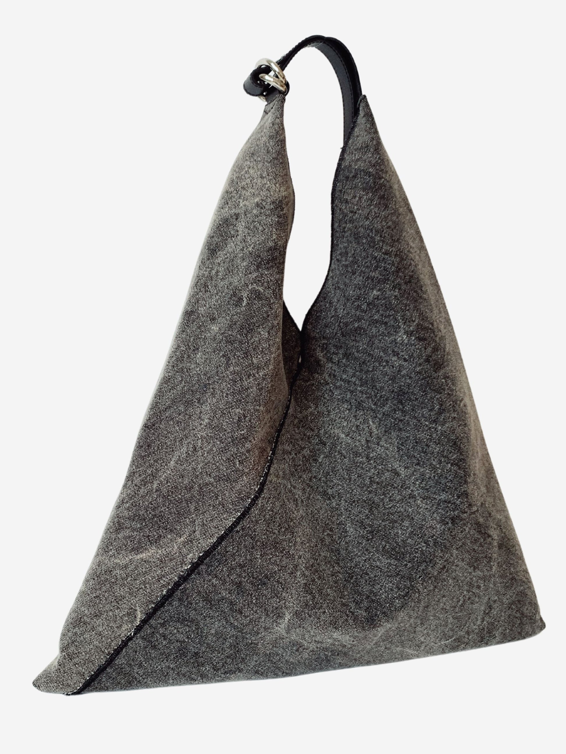 big triangle stone washed hobo bag black canvas leather handle